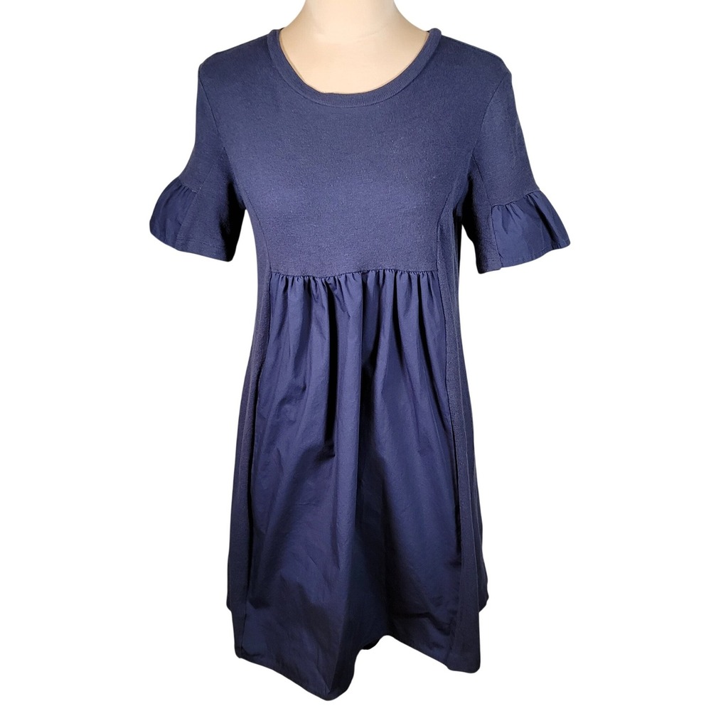 Navy Mixed Media Ruffle Sleeve Babydoll Dress English Factory XS Pockets Coastal